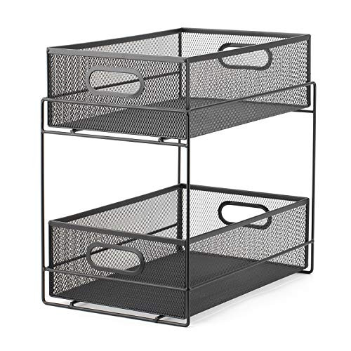 Bagoo Sliding Basket Cabinet Mesh Organizer Pull Out Drawer for Kitchen Countertop Bathroom Under Sink Storage -Black-