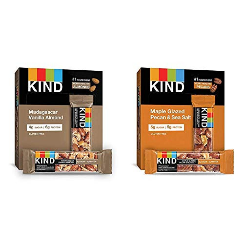 KIND Bars, Madagascar Vanilla Almond, Gluten Free, Low Sugar, 1.4oz, 12 Count  and  Bars, Maple Glazed Pecan  and  Sea Salt, Gluten Free, Low Sugar, 1.4oz, 12 Count
