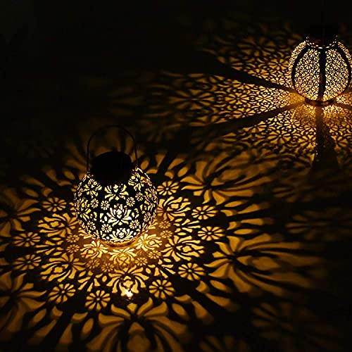 Pack 2 Solar Lantern, LED Solar Outdoor Lanterns, Solar Lights Outdoor Hanging Metal Solar Powered Lantern Waterproof Decorations for Patio, Pathway, Outside, Garden Decor, Yard, Walkway