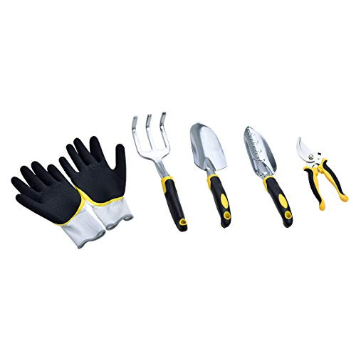 MeiJia 5 Piece Aluminum Hand Garden Tool Set,Tool Kit,Including Transplanting Spade, Trowel, Cultivator, Pruner and Gardening Gloves