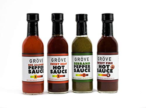 Hot Sauce Gift Set Four Pack Spicy Sauce Fans with Sweet Fire, Sweet Heat, Red Jalapeno Pepper Sauce  and  Serrano Pepper Sauce Extremely Spicy Hot Sauce Set Gluten Free Vegan
