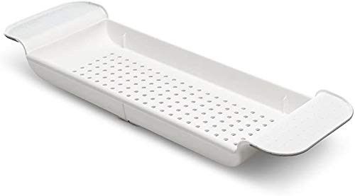 Duckweed Expandable Bath Shelf Bathtub Tray, Adjustable Bathtub Caddy Tray Storage Rack Multifunctional Bathtub Tub Organizer for Book Wine Phone Bathroom Shower, Non-Slip -Milky-
