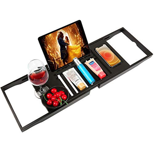 Bathtub Tray Bamboo Bathtub Caddy Tray with Extending Sides Adjustable Book Holder with Premium Luxury Tray Organizer for Phone and Wineglass -Black-