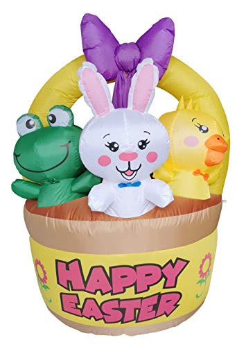 COMIN 5ft Inflatable Easter Bunny, Frog and Chick on Easter Eggs Basket Outdoor Easter Decorations Inflatable Bunny Outdoor Easter Egg Decorations Built-in LED Lights for Outside, Yard, Lawn Decor