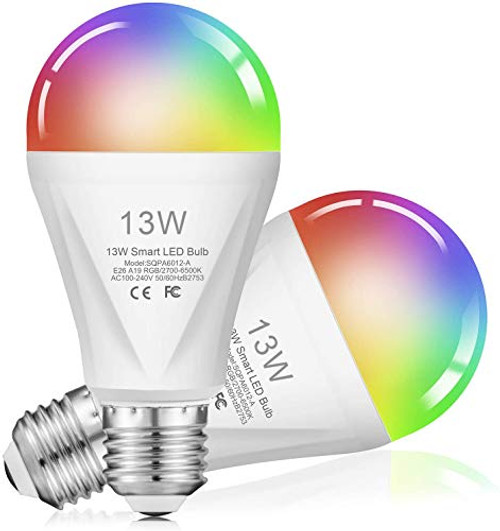 Alexa Smart WiFi Light Bulb, Wixann 13W RGBCW Color Changing Led Bulb 120W Equivalent, 2700K-6500K 1300LM Dimmable Multicolor Bulb A19 E26, Compatible with Alexa Google Home, No Hub Required - 2 Pack