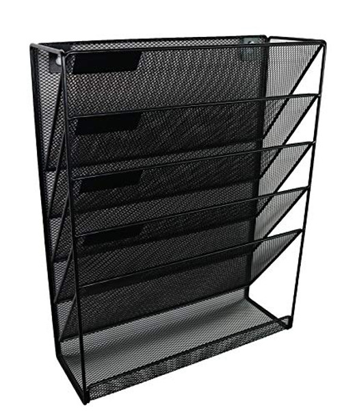 Hanging Wall File Organizer, Black Metal Mesh 5 Slot Wall Mounted Document Holder Rack for Office Home