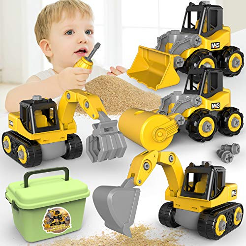 Kids Construction Toys, Take Apart Truck Toys Play Set Bulldozer, Grab Loader, Road Roller, Excavator, STEM Construction Vehicles for 3 4 5 6 Years Old Boy  and  Girls Gift