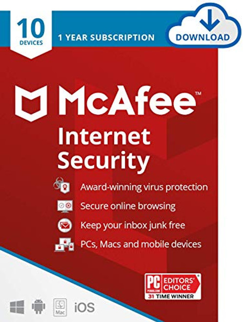 McAfee Internet Security 2021, 10 Device, Antivirus Software, Password Protection, 1 Year - Download Code