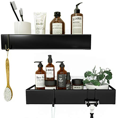 Roseyat Wall Mounted Stainless Steel Shower Caddy Basket Shelf for Shampoo, Adhesive Shower Shelf Storage Organizer, No Drilling Bathroom Shelf Rack Holder with Hooks, Kitchen Spice Holder-2 Pack-Black