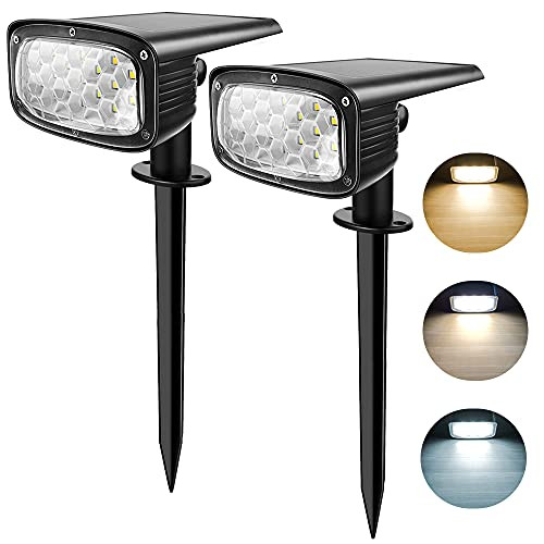 LangRay Solar Landscape Spotlights Outdoor- 34 LEDs Solar Garden Lights IP67 Waterproof, 2-in-1 Wireless Solar Wall Light for Yard Pathway Patio Driveway, 2 Pack, 3 Color Temperature