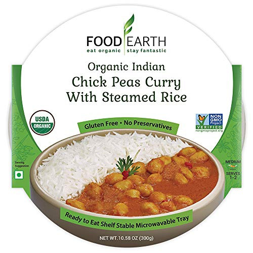 Food Earth Organic Indian Chick Pea Curry with Steamed Rice - Ready to Eat Meals - Indian Food - Organic Microwaveable Meals - Pre Prepared Meals - -6 PACK-