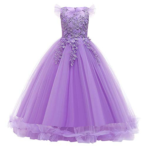 Flower Girls Lace Bridesmaid Dress Long A-line Wedding Pageant Long Dresses Princess Formal First Communion Birthday Party Floor Length Maxi Dress Kids Prom Puffy Tulle Ball Gowns Light Purple 5-6Y