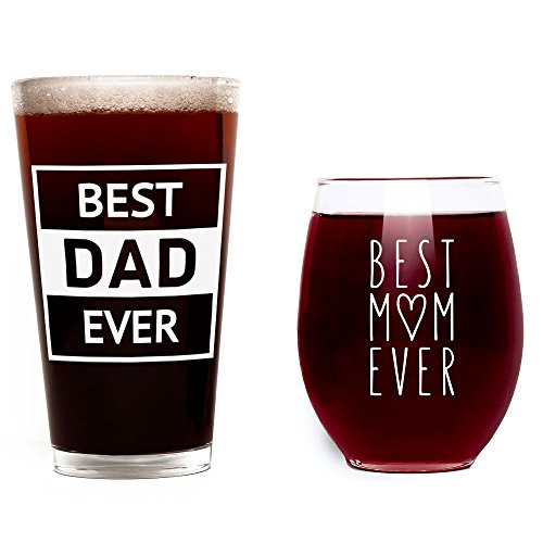 Gift Set for Mom and Dad - Best Dad Ever Beer Glass and Best Mom Ever Wine Glass - Anniversary or Christmas Gift Idea for Momma and Papa Gift Set for Mom and Dad - Best Dad Ever Beer Glass and Best Mom Ever Wine Glass - Anniversary or Christmas Gift Idea for Momma and Papa
