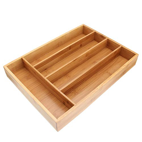 DOITOOL Bamboo Kitchen Drawer Organizer Kitchen Drawer Tray 5 Sections Flatware Drawer Storage Cutlery Tray Utensil Holder for Cutlery Flatware Silverware