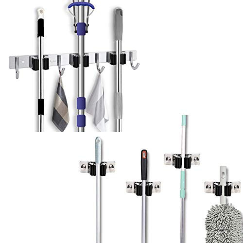 Favbal Broom and Mop Holder Wall Mounted Stainless Steel Broom Holder Wall Mount Organizer Non-Slip Screws or Self Adhesive Storage Rack Hangers