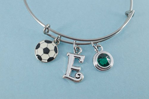 Soccer bangle bracelet in stainless steel personalized with your choice of initial. Soccer jewelry. Soccer Charm. Soccer Bracelet.