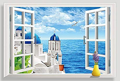 3D Large Removable Sea Beach Vinyl Wall Decal Sticker for Dining Room Bedroom Window -Seaview-A9234c_Blue_Fake_Window