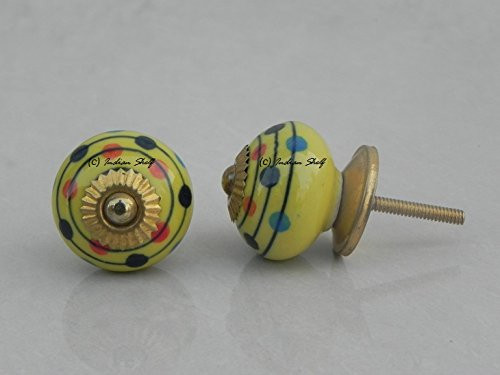 IndianShelf 2 Piece Handmade Yellow Ceramic Stripe Dot Dresser Knobs Drawer Cabinet Kitchen Wardrobe Door Pulls Handles
