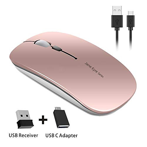 Picktech Q5 Slim Rechargeable Wireless Mouse, 2.4G Portable Optical Silent Ultra Thin Wireless Computer Mouse with USB Receiver and Type C Adapter, Compatible with PC, Laptop, Desktop (Rose Gold)