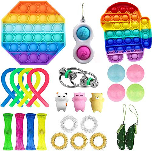 ONGGIU 26 Pcs Squeeze Fidget Toys Set, Simple Dimple Fidget Set with Among Us Pop Pop Fidget Marble Mesh Stress Ball Toys Pack for Kids Adults, Cheap Sensory Toys for Kids Adults Kill Time
