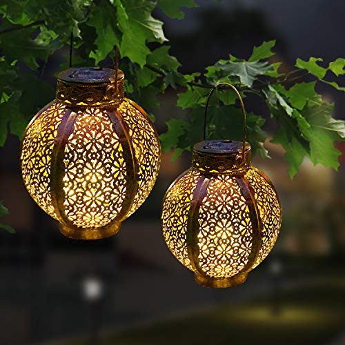 Solar Lanterns Outdoor Waterproof, Hanging Solar Lights Retro Metal LED Decorative Light with Handle, Solar Lanterns Outdoor for Garden Patio Yard Courtyard Lawn and Tabletop -2 Pack-, Bronze ,MIAGI