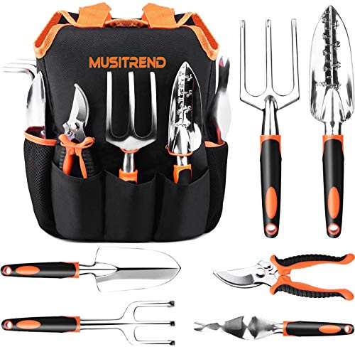 JORLAI Garden Tool Set, 7 Piece Stainless Steel Heavy Duty Gardening Tool Sets with Storage Pocket, Ideal Garden Tool Kit Gift for Women/Parent