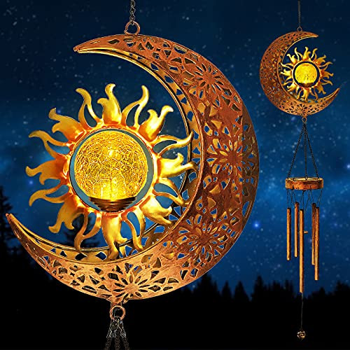 Wind Chimes Solar Outdoor Moon Sun Crackle Glass Ball Wind Chime Outside Waterproof Hanging Decor Warm LED Wind Chimes Light with 4 Metal Tubes for Garden Patio Yard -Moon with Sun Light-