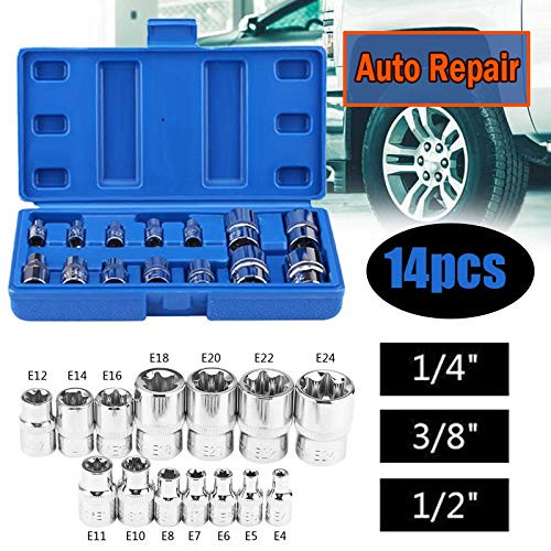 Qiilu Drive Repair Tool Kit, 14pcs E-Type Torx Star Bit Socket Set E4-E24 1/4" 3/8" 1/2" for Car Repairing