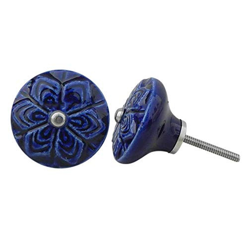 IndianShelf 2 Piece Handmade Blue Ceramic Flower Drawer Knobs Dresser Cabinet Door Kitchen Cupboard Pulls Handles