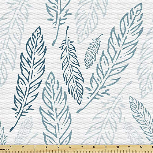 Ambesonne Teal and White Fabric by The Yard, Pastel Colored Grunge Looking Feathers Flying Bohemian Ethnic, Decorative Fabric for Upholstery and Home Accents, 3 Yards, Blue White