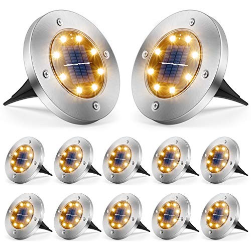 Solar Ground Lights, Solar Lights Outdoor Waterproof LED Solar Garden Lights In-Ground Lights Disk Lights for Patio Lawn Yard Landscape Pathway Walkway Driveway, Warm White, 12 Pack