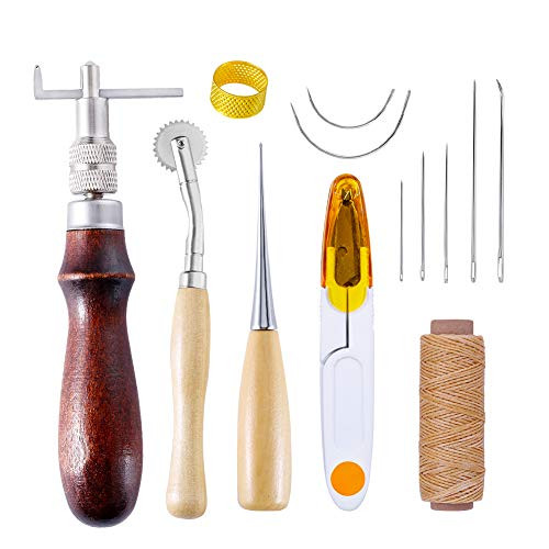 13 Pcs Leather Sewing Tools,DIY Leather Craft Tools Hand Stitching Tool Kit with Groover Awl Waxed Thread Thimble Kit for Sewing Leather, Canvas,Basic Tools for Beginner