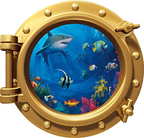 18" Porthole 3D Window Wall Decal Sticker Ocean Life -1 Bronze Sea Port Scape Mural Removable Vinyl Peel and Stick Kids Nursery Room Decor