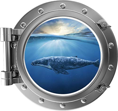 18" Port Scape Instant Sea 3D Window View Humpback Whale -2 Silver Porthole Wall Decal Ocean Portal Wall Sticker Removable Fabric Vinyl Graphic by StickitGraphix