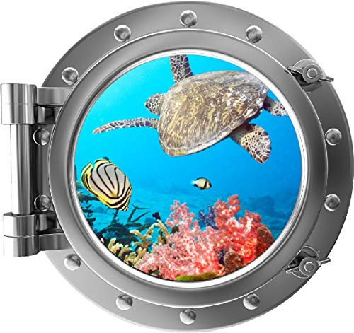 18" Porthole 3D Window Wall Decal Tropical Reef Life -1 Silver Port Scape Sea Turtle Coral Reef Ocean Under The Sea Removable Vinyl Sticker