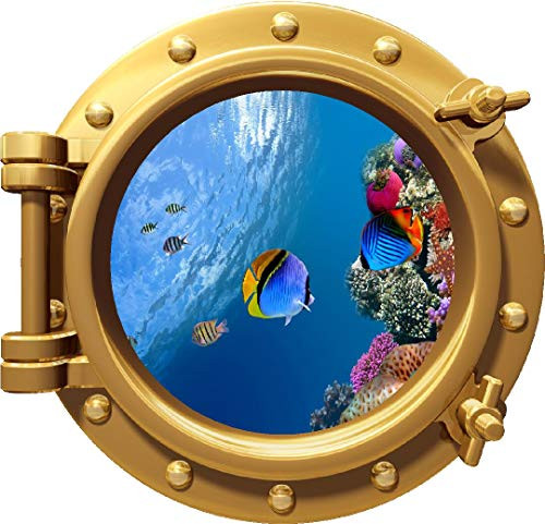 18" Porthole Window Wall Decal Sticker Tropical Reef Life -2 Bronze Sea Ocean 3D Port Scape Removable Vinyl Peel and Stick Wall Mural for Children