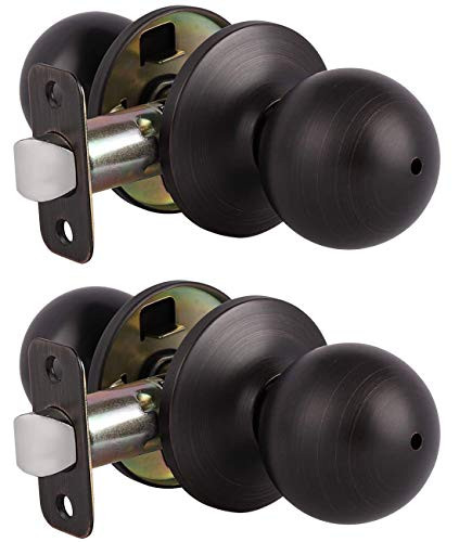 2 Pack Privacy Bed/Bath Door Knob, Oil Rubbed Bronze Round Privacy Door Knob Lockset, Interior Keyless Door Lock Handle for Bedroom Bathroom