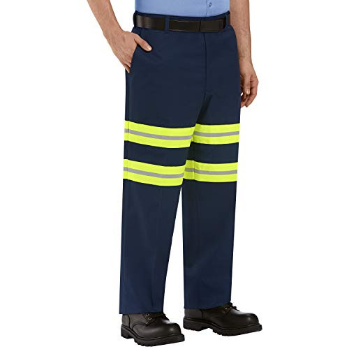 Red Kap Men's Stain Resistant Enhanced Flat Front Work Pants, Navy with Yellow/Green Visibility Trim, 42W x 32L
