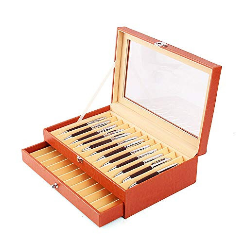 Gdrasuya10 2 Layer Wood Pen Display Box, 24 Fountain Pen Leather Display Case Holder Organizer Storage Collector Box Gift -Orange-