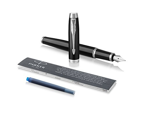Parker IM Fountain Pen, Black Lacquer Chrome Trim, Medium Nib with Blue Ink Refill -1975547-