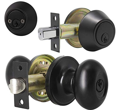 1 Pack Keyed Entry Door Knob and Double Cylinder Deadbolt Combination Set in Matte Black Finish, Exterior Knob with Lock and Deadbolt, Keyed Alike