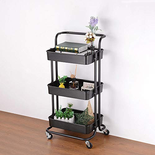 Aquaterior 3 Tiers Rolling Utility Cart Metal Storage Cart Mobile Organizer Coffee Bar Cart Service Cart Trolley for Kitchen,Bathroom,Office,Workshop Black