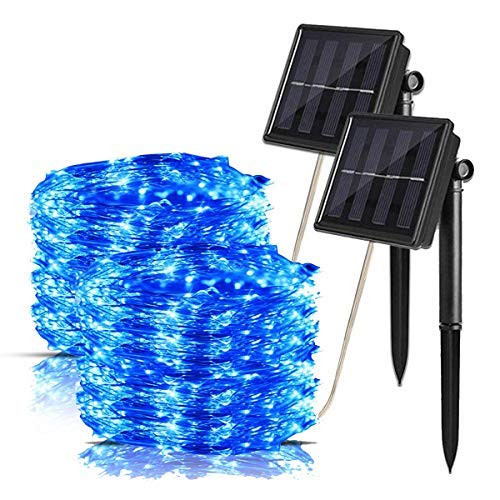 Solar String Lights outdoor 66ft 8 Modes Copper Wire Lights 200 LED fairy Lights Waterproof Decorative String Lights for Patio Garden Yard Party Wedding party lights-2 PACK-BLUE- Solar String Lights outdoor 66ft 8 Modes Copper Wire Lights 200 LED fairy Lights Waterproof Decorative String Lights for Patio Garden Yard Party Wedding party lights-2 PACK-BLUE-