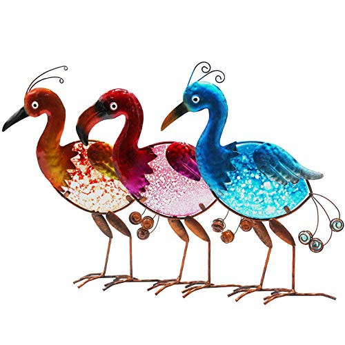 SUBOLO Flamingo Garden Statue Outdoor Metal Yard Art Sculpture Colorful Glass Bird Decor for Home Lawn Backyard Porch Patio Decoration, Set of 3 SUBOLO Flamingo Garden Statue Outdoor Metal Yard Art Sculpture Colorful Glass Bird Decor for Home Lawn Backyard Porch Patio Decoration, Set of 3