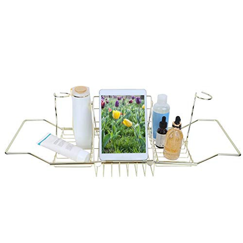 OhhGo Extendable Bathtub Caddy Tray, Bath Rack Tray Shelf Across Tub, Over Bath Tub Racks Shower Organizer with Removable Wine Glass Holders and Book Holder, Perfect for Relaxing, Fits Most Bathtubs OhhGo Extendable Bathtub Caddy Tray, Bath Rack Tray Shelf Across Tub, Over Bath Tub Racks Shower Organizer with Removable Wine Glass Holders and Book Holder, Perfect for Relaxing, Fits Most Bathtubs