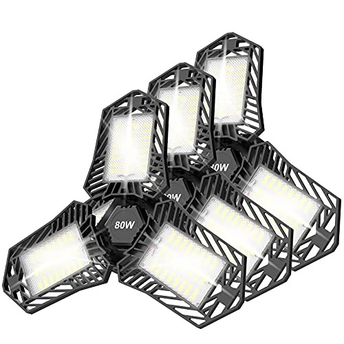 Hokyzam 80W LED Garage Lights , 8000LM LED Garage Lighting Deformable Garage Ceiling Light Fixtures with Adjustable Panels E26/E27 Shop Lights for Garage Basement Workshop 3 Pack
