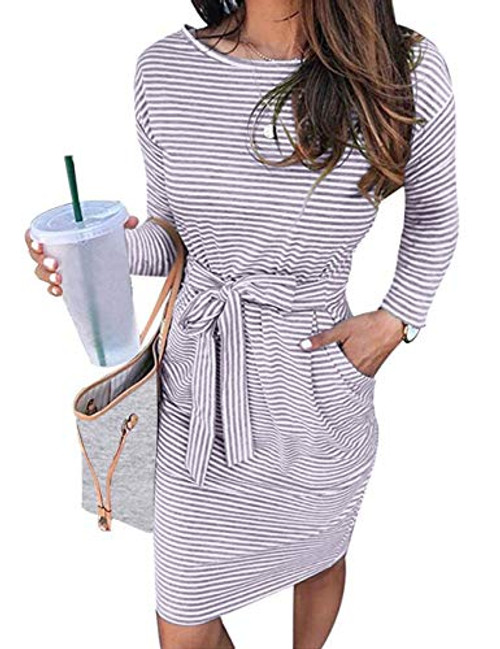 MEROKEETY Women's Summer Striped Short Sleeve T Shirt Dress Casual Tie Waist with Pockets, LongGrey, XL