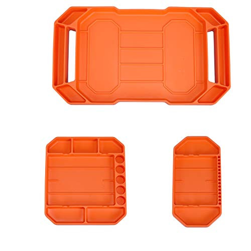 Flexible Tool Tray, Baowox 3pcs Automotive Non-slip Original Non-magnetic Silicone Tool Tray, Large Tool Organizer and Storage Securely Form -Orange-