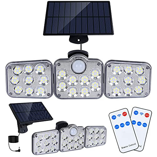 Solar Motion Lights Outdoor, 138 LED with Remote Control, 16.4Ft Cable, 3 Working Mode, Adjustable Solar Panel, IP65 Waterproof Security Lights Wired Flood Lights for Backyard Garage Wall-2 Set/5500K-