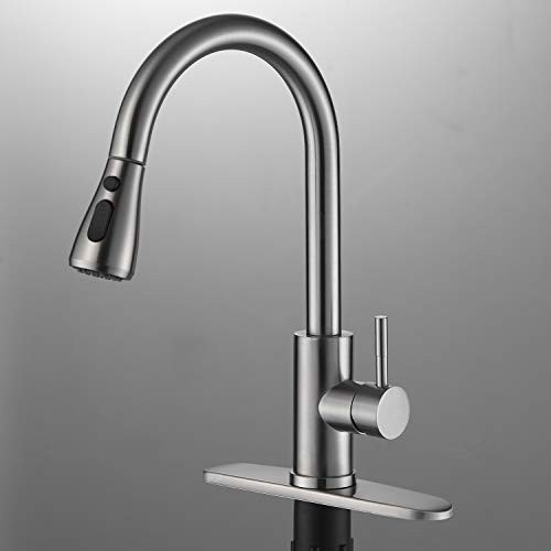 Kitchen Sink Faucet Stainless Steel with Pull Down Sprayer Brushed Nickel Commercial Modern High arc Single Handle Single Hole Pull Out Kitchen Faucets for Bar Laundry Utility Sink